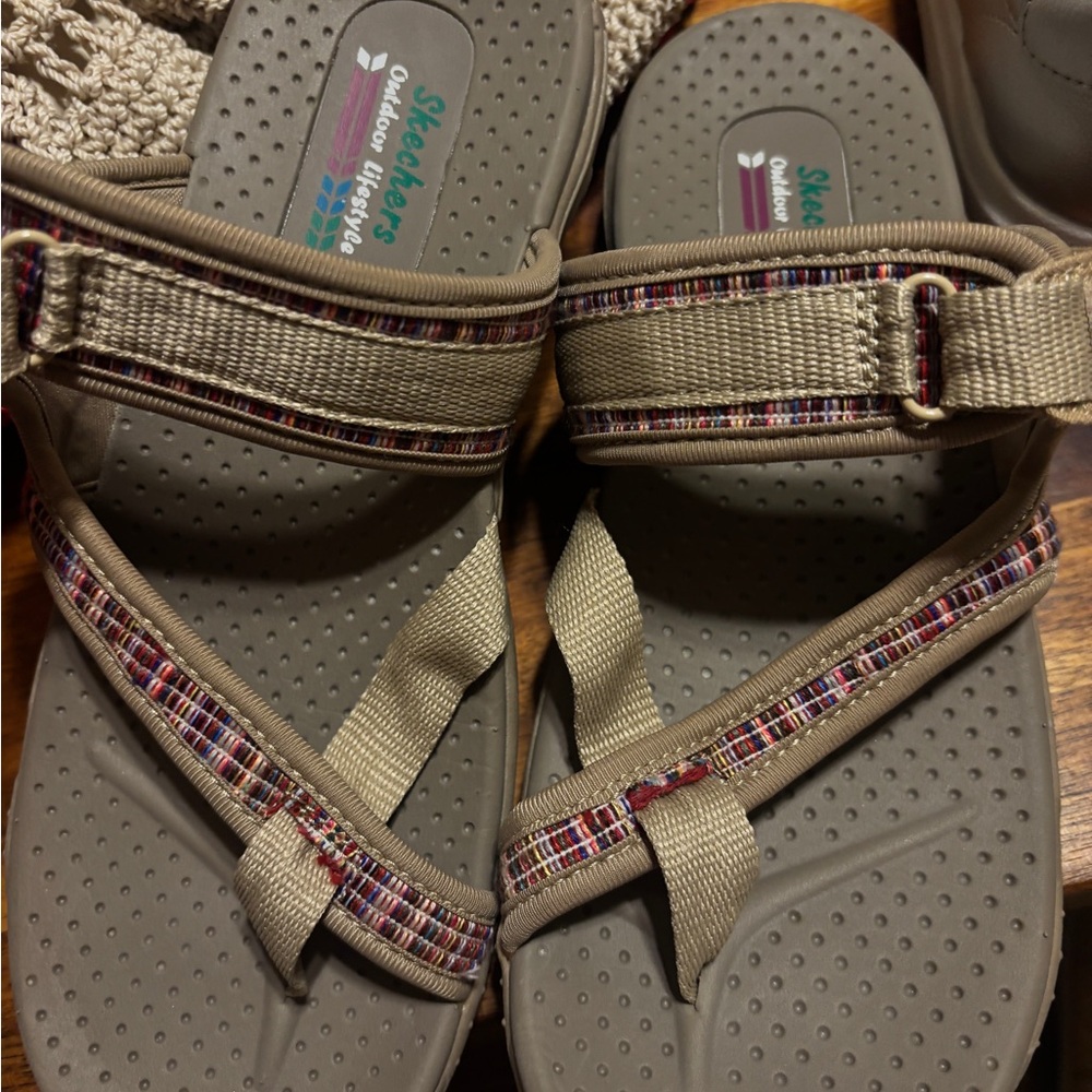 Skechers Taupe Strappy Sandals with Multicolor Trim